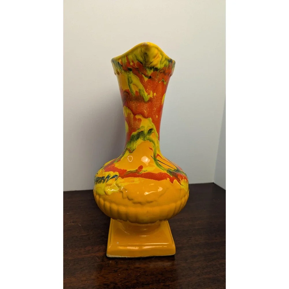 Vintage MCM Psychedelic Drip Glaze Ewer Vase Orange Retro Atomic Pottery 931 USA